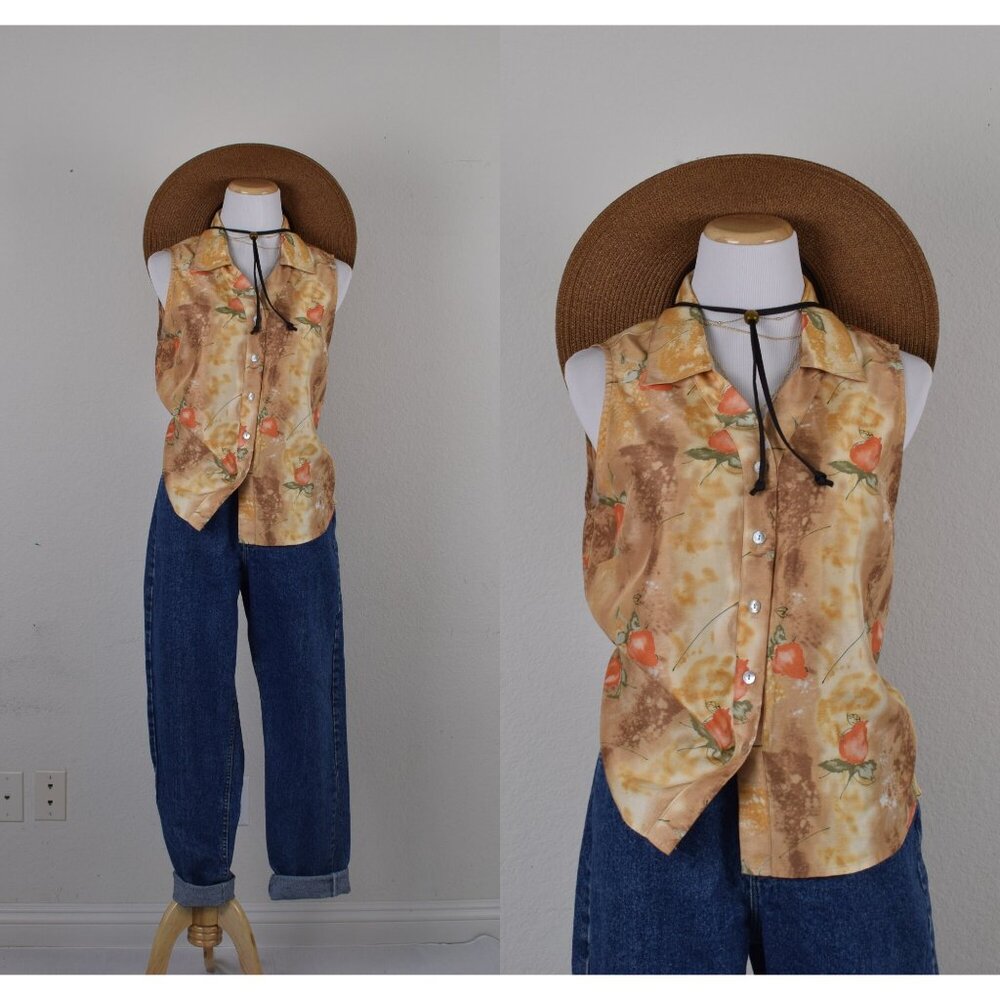 Vintage 80s Colorful Floral‎ Polyester Button Down Blouse size M